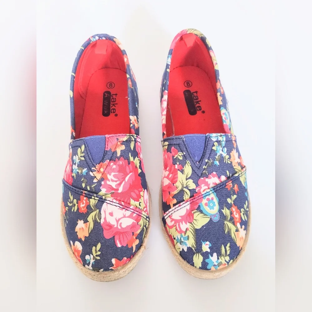 Take A Walk Floral Print Espadrile Flats Blue Pink Size 8